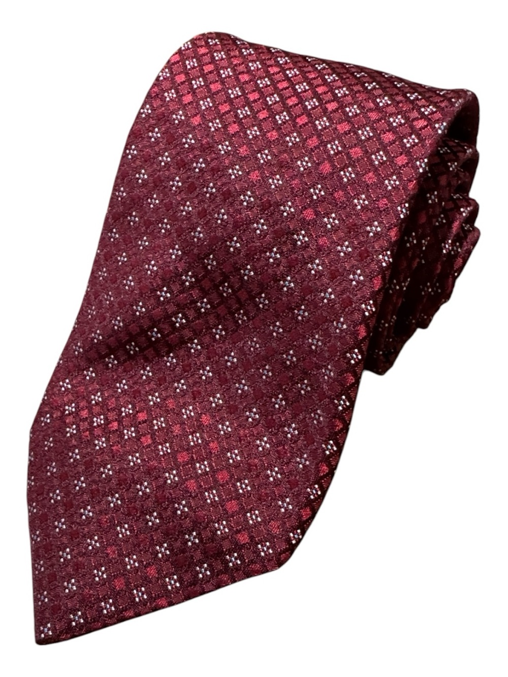 Hugo Boss mens red geometric pattern 100% silk neck tie EUC